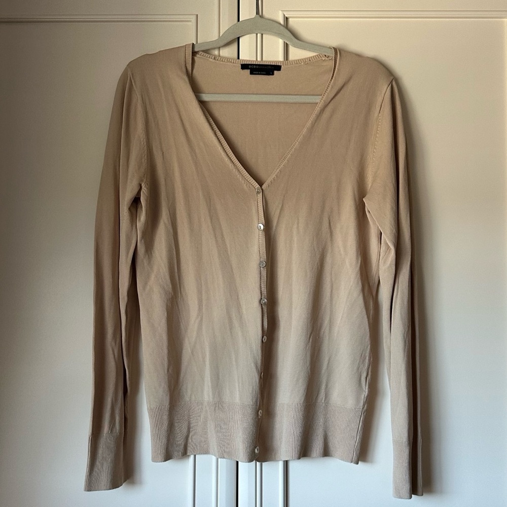 1107 BCBG Max Azria Neutral Soft as Silk Button Up Cardigan Long Sleeves